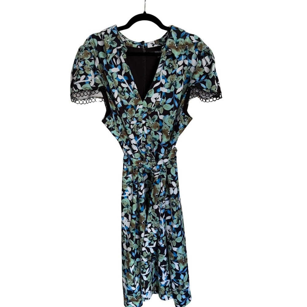 Badgley Mischka Size 22 Blue Green Floral Lace Trim Sleeve Collared Sheath Dress - Picture 2 of 16
